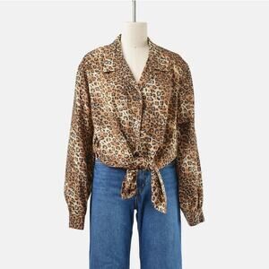 Vintage 90s Leopard Animal Print Button Down Blouse size L XL
